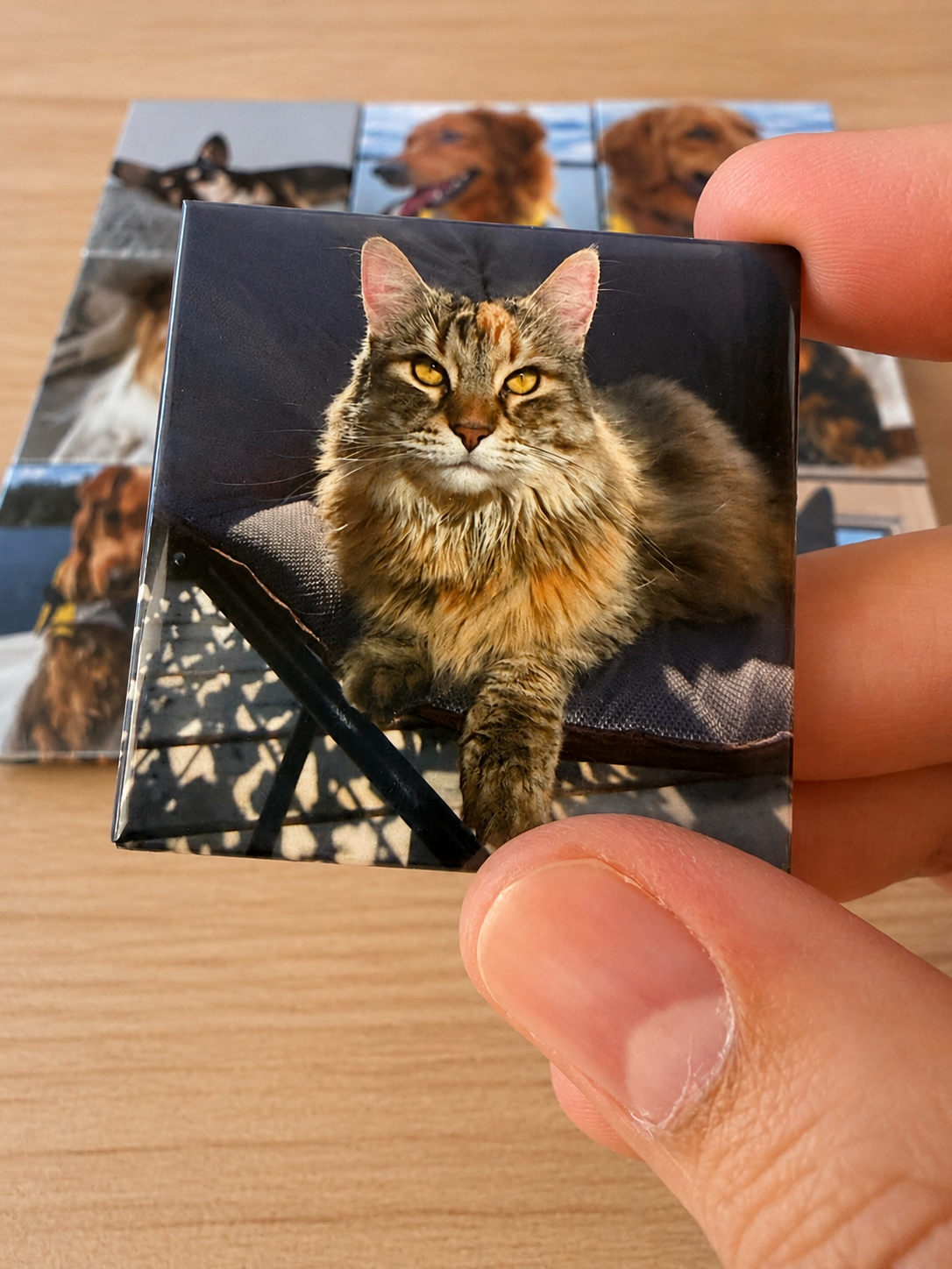 A hand holds a square custom photo print featuring a fluffy brown tabby cat with yellow eyes, with more sample prints stacked in the background on a light wood surface.