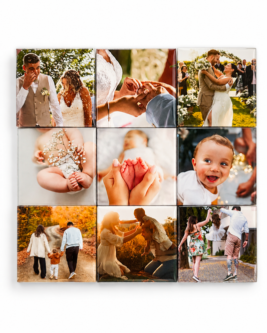 A square 3x3 collage of wedding and family photographs displayed on a white wall. The photos show couples, children, hands, rings, and outdoor scenes, with one photo featuring baby feet in a bouquet and another showing a smiling baby.